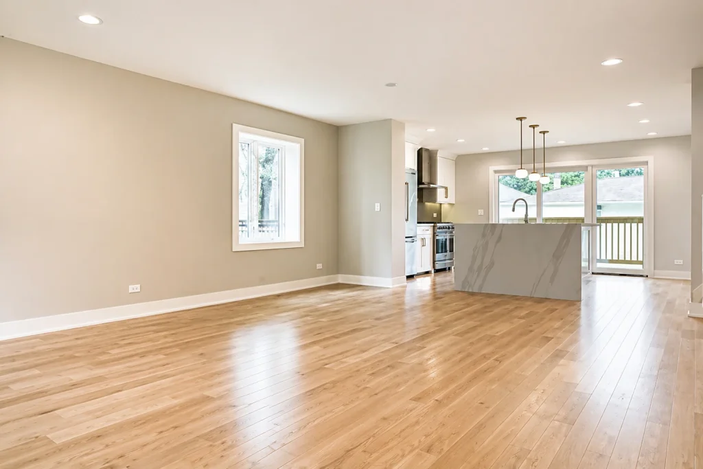 Spacious open-plan kitchen and living area with light wood floors, neutral walls, modern kitchen with island, pendant lights, and large windows