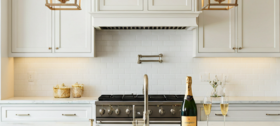 A modern kitchen featuring white cabinets and an elegant gold chandelier hanging from the ceiling