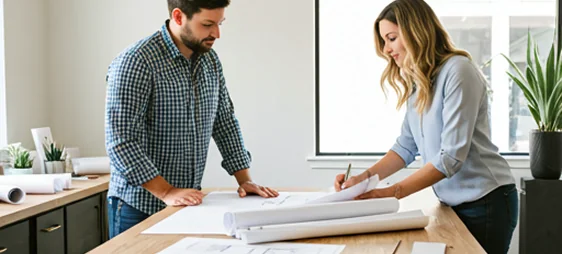 A man and woman collaborate on architectural plans, discussing designs and reviewing blueprints at a table