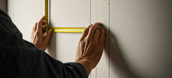 A person using a tape measure to measure the height of a wall in a well-lit room